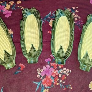 Vintage Green and Yellow Ceramic Corn-on-the-Cob Serving Dishes - Set of 4